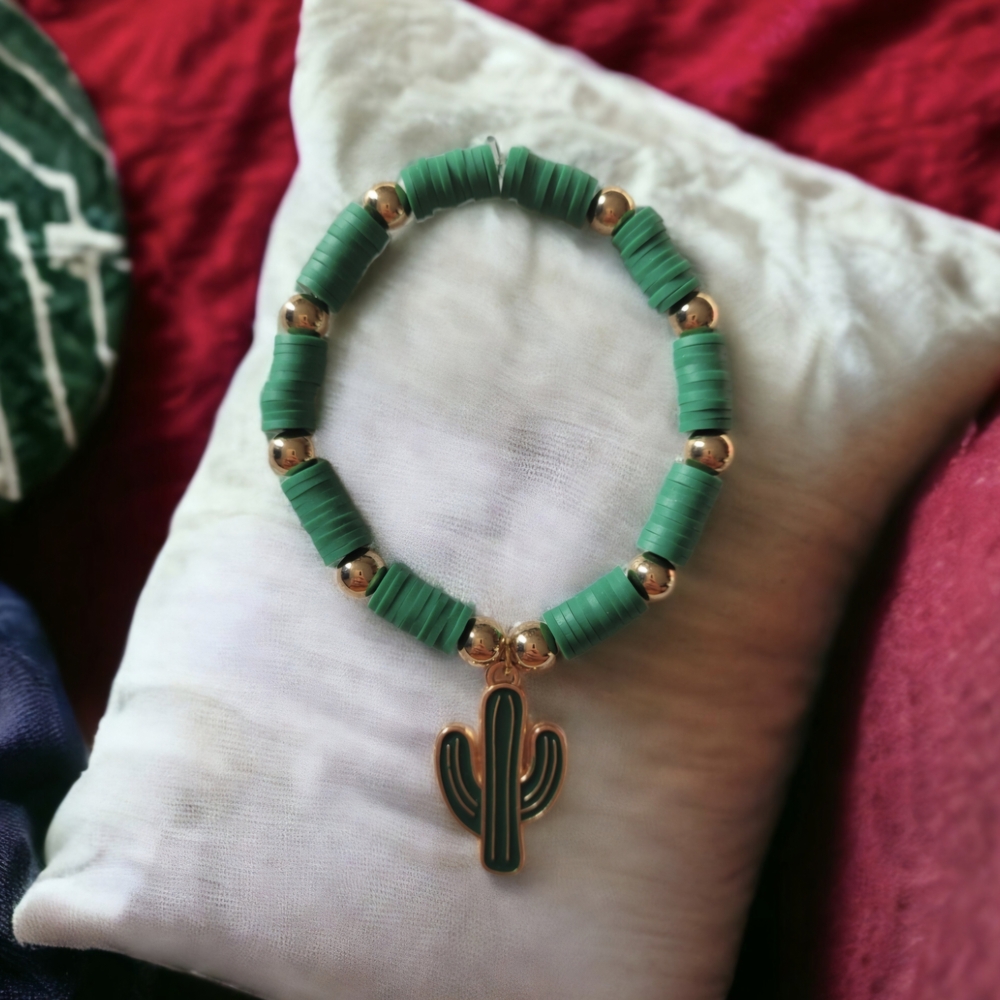Green Beaded Bracelet with Cactus Charm